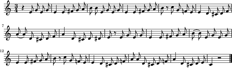 
\relative c' {\clef treble
\key c \major
\time 3/4
\autoBeamOff
r4 e8 g e g |
e4 e8 fis g a |
b b e, g e g |
e4 e8 fis g a |
b r c g f! e |
e4 d8 cis d f |
a( a) d, cis d f |
a4 d,8 cis d dis |
e r e g e g |
e4 e8 fis g a |
b( b) e, g e g |
e4 e8 fis g a |
b r c g f! e |
e4 d8 cis d f! |
a a d, cis d f! |
a4 d,8 cis d e |
c4 r2 \bar "|."
}
