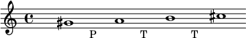 
\relative cis''{
s2 \cadenzaOn gis1 s_\markup{P} a s_\markup{T} b s_\markup{T} cis \cadenzaOff
}
