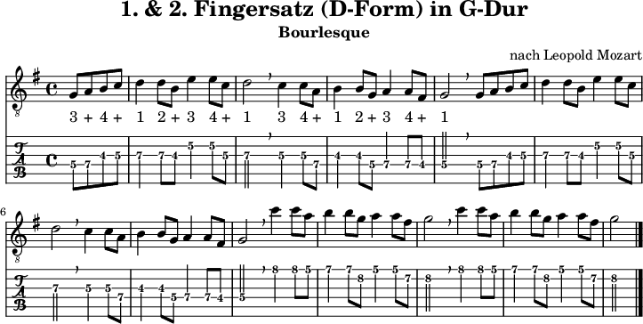 
\version "2.20.0"
\header {
  title="1. & 2. Fingersatz (D-Form) in G-Dur"
  subtitle="Bourlesque"
  composer = "nach Leopold Mozart"
}
%% Diskant- bzw. Melodiesaiten
Diskant = \relative c' {
  \set TabStaff.minimumFret = #4
  \set TabStaff.restrainOpenStrings = ##t
  \key g \major
  \partial 2 g8 a b c
  d4 8 b e4 8 c | d2 \breathe 
  c4 8 a | b4 8 g a4 8 fis| g2 
  \breathe 
  g8 a b c
  d4 8 b e4 8 c | d2 \breathe 
  c4 8 a | b4 8 g a4 8 fis| g2
  \breathe
   c'4 8 a | b4 8 g a4 8 fis| g2
  \breathe 
   c4 8 a | b4 8 g a4 8 fis| g2
  \bar "|."
}

%% Layout- bzw. Bildausgabe
\score {
  <<
    \new Voice { 
      \clef "treble_8" 
      \time 4/4  
      \tempo 4 = 120 
      \set Score.tempoHideNote = ##t
      \Diskant 
    }
   \addlyrics { "3" "+" "4" "+" "1" "2" "+" "3" "4" "+" "1" "3" "4" "+" "1" "2" "+" "3" "4" "+" "1"}
    \new TabStaff { \tabFullNotation \Diskant }
  >>
  \layout {}
}

%% Midiausgabe mit Wiederholungen, ohne Akkorde
\score {
  <<
    \unfoldRepeats {
      \new Staff  <<
        \tempo 4 = 120
        \time 4/4
        \set Staff.midiInstrument = #"acoustic guitar (nylon)"
        \clef "G_8"
        \Diskant
      >>
    }
  >>
  \midi {}
}
%% unterdrückt im raw="!"-Modus das DinA4-Format.
\paper {
  indent=0\mm
  %% DinA4 = 210mm - 10mm Rand - 20mm Lochrand = 180mm
  line-width=180\mm
  oddFooterMarkup=##f
  oddHeaderMarkup=##f
  % bookTitleMarkup=##f
  scoreTitleMarkup=##f
}
