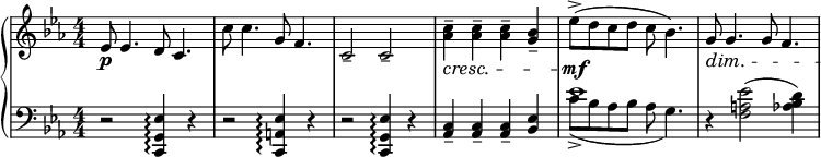 
 { \new PianoStaff <<
    \new Staff = "RH" \relative c' { \clef treble \key c \minor  \time 4/4 \numericTimeSignature
       ees8-\p ees4. d8 c4. | c'8 c4. g8 f4. | c2-- c2-- |
       <c' aes>4--\cresc <c aes>4-- <c aes>4-- <bes g>4-- | ees8(->\mf d c d c bes4.) |
       g8\dim g4. g8 f4. |\! }
    \new Staff = "LH" \relative c { \clef bass \key c \minor  \time 4/4 \numericTimeSignature
       r2 <es g, c,>4\arpeggio r | r2 <es a,! c,>4\arpeggio r | r2 <es g, c,>4\arpeggio r |
      <c aes>4-- <c aes>-- <c aes>-- <bes ees> | 
      << 
         { \voiceOne | 
            ees'1 | }
           \new Voice { 
            c8_>_( bes aes bes aes g4.) |}
            >> \oneVoice
          r4 <ees' a, f>2( <d bes aes>4) |
         }
   >> }
