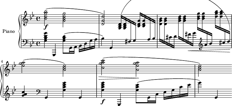 
\version "2.14.2"
\header {
  tagline = ##f
}
upper = \relative c'' {
  \clef treble 
  \key bes \major
  \time 4/4
  \tempo 4 = 126
  %\autoBeamOff

  < bes' g d bes>2\f( < g d bes g > < d g, d >)

   \repeat unfold 2 { < d, bes g >16^( }  
   \dynamicUp \change Staff = "lower" fis,16 g
    \change Staff = "upper" \repeat unfold 2 { < g' d bes >16 }
   \dynamicUp \change Staff = "lower" a, bes
    \change Staff = "upper" \repeat unfold 2 { < bes' g d >16 }
   \dynamicUp \change Staff = "lower" cis, d\!
    \change Staff = "upper" \repeat unfold 2 { < d' bes g >16 }
   \dynamicUp \change Staff = "lower" fis,_\< g
    \change Staff = "upper" \repeat unfold 2 { < g' d bes >16 }
   \dynamicUp \change Staff = "lower" \clef treble  a, bes
    \change Staff = "upper" \repeat unfold 2 { < bes' g d >16 }
   \dynamicUp \change Staff = "lower" \clef treble  cis, d)\!
   \change Staff = "upper" < a' g ees >2( < ees c a >)
   < c' a g c, >2_\>( < a g ees a, >\! < ees c a >)
}

lower = \relative c' {
  \clef bass
  \key bes \major
  \time 4/4
    
   < g' d bes g >4 g,,, < d''' bes g >8( g,,16 a bes d g a bes4)
   g,4 s2 s1 
   \clef treble < c'' a g >4 \clef bass g,, < g'' ees c g > g,, < g'' ees c g >\f g,,,
   < ees''' c g >8( g,,16 c ees g c ees g4) g,,
} 

\score {
  \new PianoStaff <<
    \set PianoStaff.instrumentName = #"Piano"
    \new Staff = "upper" \upper
    \new Staff = "lower" \lower
  >>
  \layout {
    \context {
      \Score
      \remove "Metronome_mark_engraver"
    }
  }
  \midi { }
}
