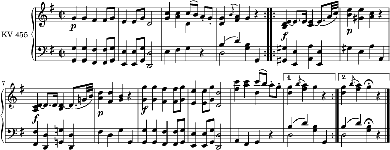 
\version "2.14.2"
\header {
  tagline = ##f
}
upper = \relative c'' {
  \repeat volta 2 {
  \clef treble 
  \key g \major
  \time 2/2
  \tempo 2 = 70
  \tempo "Allegretto"
  \set Staff.midiInstrument = #"piano"

    g4\p g fis fis8 g
    e4 e8 g d2
    <g c>4 <a c>  <<\relative c'' {\stemDown d,4 \stemNeutral }\\ \relative  c'' {\stemUp c8[ ^(b)]}>> a8-. g-.
    <d g>4 \grace b'8 ^(<fis a>4) g r4
      
  }
  \repeat volta 2 {
    <b, d e>4\f ~ e8. e16 <c e>4 ~ e8. (a32 c)
    <b e>4\p <gis e'> <a c> r4
    <a, c d>4\f ~ d8. d16 <b d>4 ~ d8. (g!32 b)
    <a d>4\p <fis d'> <g b> r4
   <g g'>4\f <g g'> <fis fis'> <fis fis'>8 <g g'>
   <e e'>4 <e e'>8 <g g'> <d d'>2
   <fis' c'>4 <a c> <<\relative c'' {\stemDown d4 \stemNeutral } \\ \relative  c'' {\stemUp c'8[ ^(b)]}>> a8-. g-.
   }
  \alternative { {<d g>4  \grace b'8 ^ (<fis a>4) g  r4 | }
                        {<d g>4  \grace b'8 ^ (<fis a>4) g \fermata  r4 \bar "|." }      
                     }
  
}

lower = \relative c {
  \clef bass
  \key g\major
  \time 2/2
  \set Staff.midiInstrument = #"piano"
 \repeat volta 2 { <g g'>4  <g g'> <fis fis'> <fis fis'>8 <g g'>
  <e e'>4  <e e'>8  <g g'>  <d d'>2
  e'4 fis g r4
  <<\relative c'' {\stemDown d,,2 \stemNeutral }\\ \relative  c'' {\stemUp b,4  ^(d) }>> <g b>4 g,
 }  
 \repeat volta 2 {
   <gis gis'>4 <e e'> <a a'>  <e e'>
   gis' e a a,
   <fis fis'>4 <d d'> <g! g'!>  <d d'>
   fis' d g g,
   <g g'>4  <g g'> <fis fis'> <fis fis'>8 <g g'>
  <e e'>4  <e e'>8  <g g'>  <d d'>2
  a'4 fis g r4
  }
  \alternative { { <<\relative c'' {\stemDown d,,2 \stemNeutral } \\ \relative  c'' {\stemUp b,4  ^(d) }>> <g' b>4 g, }
                      { <<\relative c'' {\stemDown d,,2 \stemNeutral } \\ \relative  c'' {\stemUp b,4  ^(d) }>> <g' b>4\fermata  r4 \bar "|." }
  }
 }

\score {
  \new PianoStaff <<
    \set PianoStaff.instrumentName = #"KV 455"
    \new Staff = "upper" \upper
    \new Staff = "lower" \lower
  >>
  \layout {
    \context {
      \Score
      \remove "Metronome_mark_engraver"
    }
  }
}
\score {
  \unfoldRepeats
  \new PianoStaff <<
    \set PianoStaff.instrumentName = #"KV 455"
    \new Staff = "upper" \upper
    \new Staff = "lower" \lower
  >>
  \midi { }
}
