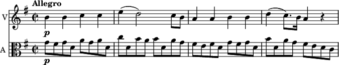 
<< \new Staff \with { instrumentName = #"V"}  
     \relative c'' {
    \version "2.18.2"
    \key g \major 
    \tempo "Allegro"
    \time 2/2
    \tempo 4 = 120
   b4 \p b c c 
   e (d2) c8 b
   a4  a b b
   d (c8.) b16 a4 r
}
\new Staff \with { instrumentName = #"A "} \relative c' {
    \key g \major 
    \clef "alto"
     g'8 \p fis  g  d a' g a d,
     c' d, b' a b d, a' g
     fis8 e fis  d  g fis g  d
     b' d, a' g fis e d c
}
>>
