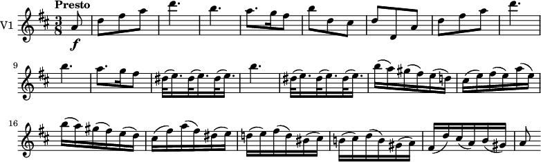 \new Staff \with { instrumentName = #"V1 "}
\relative c'' {
    \version "2.18.2"
    \key d \major 
    \tempo "Presto"
    \tempo 4 = 130
    \time 3/8
    \partial 8  a8 \f 
    d fis a
    d4. b
    a8. g16 fis8
    b8 d, cis
    d d, a' 
    d fis a
    d4. b
    a8. g16 fis8
    dis32 (e16.) dis32 (e16.) dis32 (e16.)
    b'4. 
    dis,32 (e16.) dis32 (e16.) dis32 (e16.)
    b'16 (a) gis (fis) e (d!)
    cis (e) fis (e) a (e)
    b' (a) gis (fis) e (d)
    cis (fis) a (fis) dis (e)
    d! (e) fis (d) bis (cis)
    b! (cis) d (b) gis (a)
    fis (d') cis (a) b (gis)
    a8
}