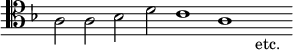 { \clef tenor \key f \major \override Score.TimeSignature #'stencil = ##f \cadenzaOn
 a2 a bes d' c'1 a s_"etc." }