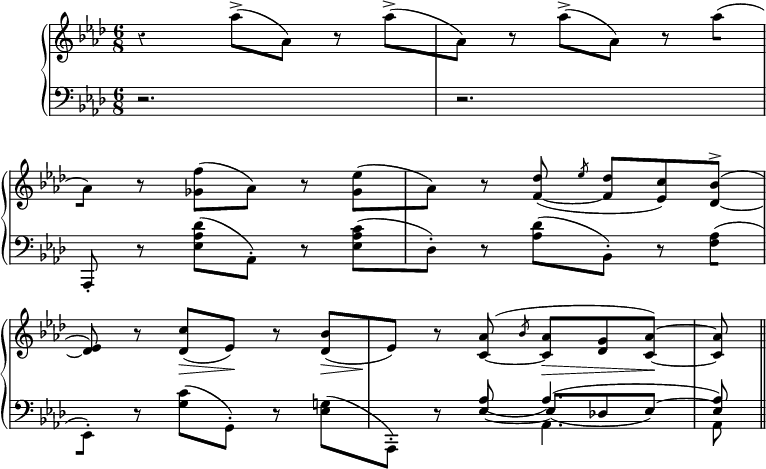 
\version "2.20.0"

\header {
  title = "XIX"
  subtitle = "BALLADE, op. 47, 2e Partie"

  composer = "CHOPIN."
}
  \layout {
  indent = #10  
  %ragged-last = ##ttt
  }
{

    \new PianoStaff = "piano" \with { instrumentName = ""} 
         <<
      \new Staff = "upper" { \relative c''  {\key f \minor  \set Staff.midiInstrument = #"piano"
         \time 6/8 \override Staff.Rest.style = #'classical \override TupletBracket.bracket-visibility = ##f \omit Score.BarNumber 
         \set Score.tempoHideNote = ##t \tempo 4=100
% Ligne 1
  r4 aes'8->[( aes,]) r8 aes'8->[( | aes,]) r8 aes'8->[( aes,]) r8 
  {\set stemLeftBeamCount = #0 aes'8[]( }|
  \break 
% Ligne 2
  \stemDown \set stemRightBeamCount = #0 aes,[]) 
  r8 <ges f'>[( aes]) r8 <ges ees'>[( | 
  aes]) r8 \stemUp <f_~ des'>( \slashedGrace ees' <f, des'>[ <ees c'>) <des_~ bes'>^>]^(
  \break
% Ligne 3
  <des ees>) r8 <des c'>[(\> ees])\! r8  <des bes'>[(\> | 
  ees])\! r8 \slurUp <c_~  aes'>( \slashedGrace bes' < c, aes'>\> <des g> <c_~ aes'^~>)\! <c aes'>


  \bar "||"  
    
 

      }}
      \new Staff = "lower" { 
        
        \relative c  {\clef "bass" \key f \minor \set Staff.midiInstrument = #"piano" 
                      \override Staff.Rest.style = #'classical
                      \override TupletBracket.bracket-visibility = ##f
% Ligne 1
r2. | r2.
% Ligne 2  
  aes,8-. r8 \stemDown <ees'' aes des>[( aes,-.]) r8 <ees' aes c>[( |
  des-.]) r8 <aes' des>[( bes,-.]) r8 \set stemLeftBeamCount = #0 <f' aes>[](
  
% Ligne 3  
  \stemDown \set stemRightBeamCount = #0 ees,-.[]) r8
  <g' c>[( g,-.]) r8 <ees' g!>[( | 
  aes,,-.]) r8 
  << {\stemUp aes''_( aes4.)(
      aes8)
     } \\
     {
       \stemUp \omit Flag ees_~ \once \override NoteColumn.force-hshift = #.5 ees[( des! ees])^~
       \stemUp ees
     } \\
     {s8 \stemDown aes,4. aes8
  } >>


      }}
>>
}

