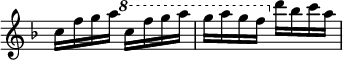 
\language "italiano"
melody = \relative do'' {
  \clef treble
  \key fa \major
  \time 2/4
  \omit Staff.TimeSignature
  do16 fa sol la  \ottava #1 do fa sol la | sol la sol fa \ottava #0 re sib do la |
}
\score {
  <<
    \new Voice = "mel"
    { \melody }
  >>
  \layout {
    \context { \Staff \RemoveEmptyStaves }
    indent = 0.0\cm
    \override Score.BarNumber #'stencil = ##f
  }
   \midi {  }

}
\header { tagline = ##f}
\paper {
  print-page-number = ##f
}
