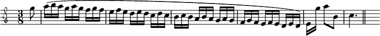 
\new Staff \with {\consists "Custos_engraver"} \relative g'' {
  \override TupletNumber #'stencil = ##f
  \override TupletBracket #'stencil = ##f
  \clef mensural-g
  \time 3/8
  \partial 8 g8
  \times 2/3 {a16[( b a]}
  \times 2/3 {g[ a g]}
  \times 2/3 {f[ g f]}
  \times 2/3 {e[ f e]}
  \times 2/3 {d[ e d]}
  \times 2/3 {c[ d c]}
  \times 2/3 {b[ c b]}
  \times 2/3 {a[ b a]}
  \times 2/3 {g[ a g]}
  \times 2/3 {f[ g f]}
  \times 2/3 {e[ f e]}
  \times 2/3 {d[ e d)]}
  e[ g'] a8[ b,] c4.
  \bar "||" s8
}
