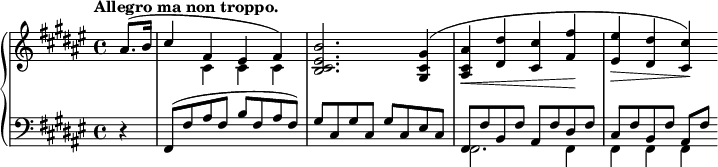 
 \relative c' {
  \new PianoStaff <<
   \new Staff { \key fis \major \time 4/4 \tempo "Allegro ma non troppo." \partial 4
    <<
     {
      ais'8.( b16 cis4 fis, eis fis) <b eis, cis b>2. <gis cis, gis>4( <ais cis, ais>\< <dis dis,> <cis cis,> <fis fis,>\!
      <eis eis,>\> <dis dis,> <cis cis,>\!)
     }
    \\
     { s4 s4 cis, cis cis }
    >>
   }
   \new Staff { \key fis \major \time 4/4 \clef bass
    <<
     {
      d,4\rest fis,8( fis' ais fis b fis ais fis) gis cis, gis' cis, gis' cis, eis cis fis, fis' b, fis' ais, fis' dis fis cis fis b, fis' ais,[ fis']
     }
    \\
     { s4 s1 s1 fis,2. fis4 fis fis fis }
    >>
   }
  >>
 }
