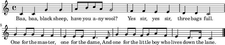{ \time 4/4 c'4 c' g' g' | a'8 b' c'' a' g'2 | f'4 f' e' e' | d' d' c'2 | g'4 g'8 g' f'4 f' | e' e'8 e' d'4. d'8 | g'4 g'8 g' f' g' a' f' | e'4 d'8. d'16 c'2 | \bar "|." } \addlyrics {Baa, baa, black sheep, have you a -- ny wool? Yes sir, yes sir, three bags full.  One for the mas -- ter, one for the dame, And one for the lit -- tle boy who lives down the lane. }
