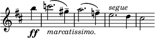 
\relative c' \new Staff \with { \remove "Time_signature_engraver" } {
 \key d \major \time 2/2 \partial 4
  b''4\ff c2._\markup{ \italic marcatissimo. }( gis4--) a2.( f4--) e2.^\markup{ \italic segue } d4 cis2 }
