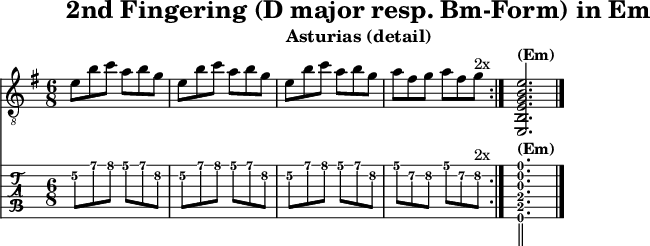 
\version "2.20.0"
\header {
  title="2nd Fingering (D major resp. Bm-Form) in Em"
   subtitle="Asturias (detail)"
}
%% Diskant- bzw. Melodiesaiten
Diskant =  {
  \set TabStaff.minimumFret = #5
  \set TabStaff.restrainOpenStrings = ##t
  \key e \minor
  \repeat volta 2 \relative c'{
  e8 b' c a b g | e8 b' c a b g |
  e8 b' c a b g | a fis g a fis g^\markup {2x} | } 
 \set TabStaff.minimumFret = #0
  <e, b, e g b e'>2.^\markup { \bold {(Em)} }
  \bar "|."
 }

%% Layout- bzw. Bildausgabe
\score {
  <<
    \new Voice  { 
      \clef "treble_8" 
      \time 6/8  
      \tempo 4 = 120 
      \set Score.tempoHideNote = ##t
      \Diskant 
    }
    \new TabStaff { \tabFullNotation \Diskant }
  >>
  \layout {}
}

%% Midiausgabe mit Wiederholungen, ohne Akkorde
\score {
  <<
    \unfoldRepeats {
      \new Staff  <<
        \tempo 4 = 120
        \time 4/4
        \set Staff.midiInstrument = #"acoustic guitar (nylon)"
        \clef "G_8"
        \Diskant
      >>
    }
  >>
  \midi {}
}
%% unterdrückt im raw="!"-Modus das DinA4-Format.
\paper {
  indent=0\mm
  %% DinA4 = 210mm - 10mm Rand - 20mm Lochrand = 180mm
  line-width=180\mm
  oddFooterMarkup=##f
  oddHeaderMarkup=##f
  % bookTitleMarkup=##f
  scoreTitleMarkup=##f
}
