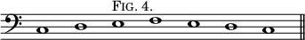 { \clef bass \override Score.TimeSignature #'stencil = ##f \time 8/1 c1 d e^\markup \caps "Fig. 4." f e d c \bar "||" }