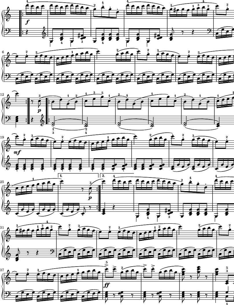 
sVarB = { r4 \clef "violin" | << { \voiceOne g'8[<b d g>_4 g <c d fis>_3] } \new Voice { \voiceTwo g4 g } >> | \oneVoice g8[<b d g>_4 <b d g> <b d g>] | << { \voiceOne g8[<b d g> g <c d fis>] } \new Voice { \voiceTwo g4 g } >> | \oneVoice <b d g>8 r r4 \clef "bass" | c,16([g' e g]) c,([g' e g]) | c,16([g' e g]) c,([g' e g]) | c,16([g' e g]) c,([g' f g]) | c,16([g' e g]) c,([g' f g]) | c,16([g' e g]) c,([g' e g]) | c,16([g' e g]) c,([g' e g]) | c,16([g' e g]) c,([g' f g]) | <c, e g>4 r \clef "violin" | \set doubleSlurs = ##t <d' f>2_1_3( | <c e>_2_4) | <d f>( | <c e>) | <d f>( | <c e>4) r \set doubleSlurs = ##f | <c e g>8_.[<c e g>_. <c e g>_. <c e g>_.] | <c e g>_.[<c e g>_. <c e g>_. <c e g>_.] | <c e g>_.[<c e g>_. <c f g>_. <c f g>_.] | 
<c e g>[<c e g> <c f g> <c f g>] | <c e>16([g' e g]) <c, e>([g' e g]) | c,([g' e g]) c,([g' e g]) | c,([g' e g]) c,([g' f g]) | c,([g' e g]) c,8_. r | <c e g>4 r | 
<< { \voiceOne g8[<b d g>_4 g <c d fis>_3] } \new Voice { \voiceTwo g4 g } >> | \oneVoice g8[<b d g> <b d g> <b d g>] | << { \voiceOne g8[<b d g> g <c d fis>] } \new Voice { \voiceTwo g4 g } >> | \oneVoice <b d g>8 r r4 \clef "bass" | c,16([g' e g]) c,([g' e g]) | c,16([g' e g]) c,([g' e g]) | c,16([g' e g]) c,([g' f g]) | c,16([g' e g]) c,([g' f g]) | c,16([g' e g]) c,([g' e g]) | c,16([g' e g]) c,([g' e g]) | c,16([g' e g]) c,([g' f g]) | <c, e g>8 r <c f g> r | <c e g>8 r <c f g> r | <c e g>8 r <c e g> r | <c e g>4 << { \voiceOne \crossStaff { \autoBeamOff g'8 g | <e g>4 } } \new Voice { \voiceTwo c8_1[c] | c,4 } >> }

sVarA = { \bar ".|:" \repeat volta 2 { d16-4(\f[c b c] | d[c b c] d([c b a] | g8-2)[b-.-4 g-. d-.] d'16-4([c b c] d[c b a]) | g-3([fis g fis] g-1[a-3 b-4 g-2] | c8)[g-.-2] g16-3([a g f] | e8)[e-.-2] e16-3([f e d] | 
c[d e f-1] g[a b g] | c4) g16-2([a b g] | c8)[g-.-2] g16-3([a g f] | e8)[e-.-2] e16-3([f e d] | c[d e f-1] g[a b g] | c4) } r8 c,8-3\p( \repeat volta 2 { \bar ".|:" b[d)g,-1(b-2] | c-1[e-3 g-5)c,-1]( b-2[d-4)g,(b] | c-1[e g)c,-1]( | b-2[d)g,-1(b] | c16-1)([d e f-1] g[a b g] | c8)\mf[g-.-2] g16-3([a g f] | e8)[e-.-2] e16([f e d] | c[d e f-1] g[a b g] |
c4) g16-2([a b g] | c8-.)[g-.-2] g16-3([a g f] | e8)[e-.-2] e16-3([f e d] | c[d e f-1] g[a b g] } \alternative { { c4) r8 c,-3\p( } { c'4) d16-4([c b c] } } | d[c b c] d[c b a] | 
g8-2)[b-.-4 g-. d-.] | d'16-4([c b c] d[c b a]) | g-3([fis g fis] g-1[a-3 b-4 g-2] | c8)[g-.-2] g16-3([a g f] |e8)[e-.-2] e16-3([f e d] | c[d e f-1]g-2[a b g] | c4) g16-2([a b g] | 
c8)[g-.-2] g16-3([a g f] | e8)[e-.-2] e16-3([f e d] c[d e f-1] g[a b g] | c8^>-5)\ff[c^>] g16-2([a b g] | c8^>)[c-.^>] g16([a b g] | <e g c>8) r <g c e> r | <e g c>4 <c, e>8-3-5[<c e>] | c4 \bar "|." }

\paper { #(set-paper-size "a3") oddHeaderMarkup = \evenHeaderMarkup }
\header { tagline = ##f }
\version "2.18.2"
\score {
\midi {  }
\layout { line-width = #220
\context { \PianoStaff \consists #Span_stem_engraver } indent = 0\cm}
\new PianoStaff <<
  \new Staff { \clef "violin" \key c \major \time 2/4 \override Staff.TimeSignature #'transparent = ##t \relative c''' { \partial 4 \sVarA } }
  \new Staff { \clef "bass" \key c \major \time 2/4 \override Staff.TimeSignature #'transparent = ##t \relative g, { \sVarB } }
>> }