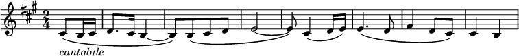 
\relative c' \new Staff {
 \key a \major \time 2/4 \partial 4
  cis8_\markup \italic cantabile ( b16 cis d8. cis16 b4~ b8) [ b( cis d] e2~
  e8) cis4( d16 e) e4.( d8 fis4 d8 cis) cis4 b
}
