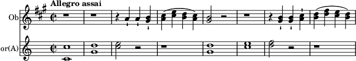 
 \version "2.18.2"
<<
  \new Staff = "Oboe" \with {
    instrumentName = "Ob"
  }
  \relative c'' {
    % not strictly necessary, but a good reminder
    \transposition c'
    \key a \major
    \time 2/2
    \tempo "Allegro assai"
    \tempo 4 = 320
    \set Staff.midiInstrument = "oboe"
    r1
    r1
    r4 a-! a-! <gis b>-!
    <a cis> (<cis e> <b d> <a cis>)
    <gis b>2 r
    r1
    r4 <gis b>-! <gis b>-! <a cis>-!
    <b d> (<d fis> <cis e> <b d>)
  }
  \new Staff = "Horn" \with {
    instrumentName = \markup { Cor(A) }
  }
  \relative c'' {
    \transposition a
    \key c \major
    \time 2/2
    \set Staff.midiInstrument = "french horn"
    <c, c'>1
    <g' d'>
    <c e>2 r
    r1
    <g d'>
    <c e>
    <d f>2 r
    r1
  }
>>
