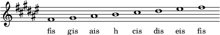 
\relative f'{
\key fis \major
\override Staff.TimeSignature #'stencil = ##f
\cadenzaOn fis1 gis ais b cis dis eis fis \cadenzaOff
}
\addlyrics { \small {
fis gis ais h cis dis eis fis
} }
