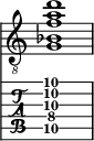  
<<
  %\override Score.BarLine.break-visibility = ##(#f #t #t)
  \time 1/1
    \new Staff  {
    \clef "treble_8"
        \once \override Staff.TimeSignature #'stencil = ##f
        < g bes f' a' d''>1
    }

     \new TabStaff {
       \override Stem #'transparent = ##t
       \override Beam #'transparent = ##t 
      < g\5 ais\4 f'\3 a'\2 d''\1>1
  }
>>
