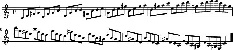
{

\modalTranspose c c' { c d e gis a } { c8 e gis a } 
\modalTranspose c d' { c d e gis a } { c e gis a } 
\modalTranspose c e' { c d e gis a } { c e gis a } 
\modalTranspose c gis' { c d e gis a } { c e gis a } 
\modalTranspose c a' { c d e gis a } { c e gis a } 
\modalTranspose c c'' { c d e gis a } { c e gis a } 
\modalTranspose c d'' { c d e gis a } { c e gis a } 
\modalTranspose c e'' { c d e gis a } { c e gis a } 
\modalTranspose c gis'' { c d e gis a } { c e gis a } 

\modalInversion c e''' { c d e gis a } { c e gis a } 
\modalInversion c d''' { c d e gis a } { c e gis a } 
\modalInversion c c''' { c d e gis a } { c e gis a } 
\modalInversion c a'' { c d e gis a } { c e gis a } 
\modalInversion c gis'' { c d e gis a } { c e gis a } 
\modalInversion c e'' { c d e gis a } { c e gis a } 
\modalInversion c d'' { c d e gis a } { c e gis a } 
\modalInversion c c'' { c d e gis a } { c e gis a } 
\modalInversion c a' { c d e gis a } { c e gis a } 
\modalInversion c gis' { c d e gis a } { c e gis a } 
\modalInversion c e' { c d e gis a } { c e gis a } 
\modalInversion c d' { c d e gis a } { c e gis a } 

c'2

\bar "|."
}
