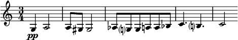 
\relative c' {
 \set Staff.midiInstrument = #"violin"
 \set Score.tempoHideNote = ##t \tempo 4 = 60
 \key c \major \time 3/4
 g4\pp a2| 
a8 gis gis2|
 as8 g? g a a bes | 
 c4. b? | c2 |
  |
}
