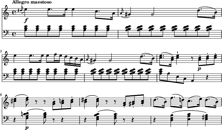 
<<
  \new Staff  \relative c' {
         \clef "treble"
         \tempo "Allegro maestoso"
         \key c \major
         \time 4/4
 
      \grace dis'16 (e4) \f e8. e16 e4 c8. a16
        \grace a16 (gis4) gis2 d'8. (b16)
        e4 e8. e16 e8 f16 e d c b a
         \grace a16 (gis4) gis2 d'8. (b16)
         <c e>8. (<a c>16) <c e>4-! r8 <a c>-. \p <b d>-. <c e>-.
         <cis e>4 (<d f>8) r8 r8 <g, b>-.  <a c!>-. <b d>-.
         <b dis>4 (<c e>8) r8 r <f, a>-.  <gis b>-. <a c>-.
         d8. (b16) f'8. (d!16) c8. (e16) d8. (b16)
}

 \new Staff \relative c {
         \clef "bass"
         \key c \major
         \time 4/4
         \tempo 4 = 120
        \set Staff.midiMinimumVolume = #0.2 \set Staff.midiMaximumVolume = #0.5

        \grace s16 \repeat unfold 8 { <a' c e>8 }
        \repeat unfold 8 { <a b d e>8 }
        \repeat unfold 8 { <a c e>8 }
         \repeat unfold 8 { <a b d e>8 }
         <a c e> a e c a4 r4
         r4  <f' a c! d>\p (<g b d>8) r r4
        r4 <e g b c> (<f a c>8) r r4
        r4 <d f b> (<e a c> <e gis b>)
}
>>
