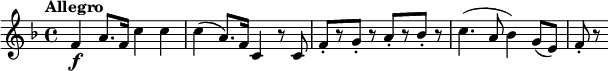 
\relative c' {
  \key f \major
  \tempo "Allegro"
  f4\f a8. f16 c'4 c |
  c4( a8.) f16 c4 r8 c |
  f8-.[ r g-.] r a-.[ r bes-.] r |
  c4.( a8 bes4) g8( e) |
  f8-. r
}
