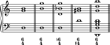 
\new PianoStaff <<
  \new Staff {
\override Staff.TimeSignature.transparent = ##t
    \new Voice = "right" {
      \relative c'' { \clef treble <g b>1 \bar "||" <b g'> \bar "||" <d, bes' g'> \bar "||" <gis b> \bar "||" <g d' b'> \bar "||"
      }
    }
  }
  \new Staff {
\override Staff.TimeSignature.transparent = ##t
    \new Voice = "left" {
      \relative c { \clef "bass" d1 d d d' <d,, d' g b d>
      }
    }
  }
  \new FiguredBass {
    \figuremode { <6 4>1 <6 4> <6- 4> <6 4+> <6 4>
    }
  }
>>
