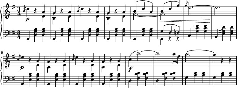 
 \relative c' {
  \new PianoStaff <<
   \new Staff { \key e \minor \set Score.tempoHideNote = ##t \tempo 2.=52 \time 3/4 
    <<
   {
    \slashedGrace b'8 \stemUp s4 b4\rest a g b4\rest a \slashedGrace b8 s4 b4\rest a g b4\rest a b^( d a) b^( d g) \slashedGrace g8 s2. s \slashedGrace c,8 s4 b4\rest b a b4\rest b \slashedGrace c8 s4 b4\rest b a b4\rest b
   }
    \\
   {
    \slashedGrace s8 \stemDown d4\p s4 d, b s d d'4 s4 d, b s d g2.~ g\< e'2.^~ e\! e4\p s4 e, c s e e'4 s4 e, c s e c'\f^( b'2^~) b a8-. fis-. a2.^( g4) b,4\rest b4\rest
   }
    >>
   }
   \new Dynamics {
    
   }
   \new Staff { \key e \minor \time 3/4 \clef bass
    <<
      { \slashedGrace s8 \stemUp g,,4 s s g s s g s s g s s g s s g'^( fis f) c s s b s s a s s a s s a s s a }
    \\
      { \slashedGrace s8 \stemDown s4 <d g b> <d g b> s <d g b> <d g b> s <d g b> <d g b> s <d g b> <d g b> s <d g b> <d g b> g, r r s <g' c e> <g c e> s <e gis d'> <e gis d'> s <e a c> <e a c> s <e a c> <e a c> s <e a c> <e a c> s <e a c> <e a c> d <fis c' d> <fis c' d> d <fis c' d> <fis c' d> g <b d> <b d> g <b d> <b d> }
    >>
      }
  >>
 }
