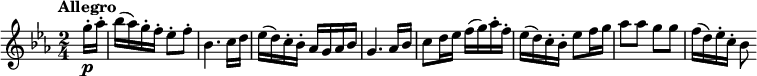 
\version "2.14.2"
 \relative c'' {
         \clef "treble" 
         \tempo "Allegro"
         \key ees \major
         \time 2/4 
         \tempo 4 = 130
     \partial 4 \partial 8   g'16-.\p aes-.
     bes (aes) g-. f-. ees8-. f-.
     bes,4. c16 d
     ees (d) c-. bes-. aes g aes bes
     g4. aes16 bes
     c8 d16 ees f (g) aes-. f-.
     ees (d) c-. bes-. ees8 f16 g
     aes8 aes g g
     f16 (d) ees-. c-. bes8
 }
