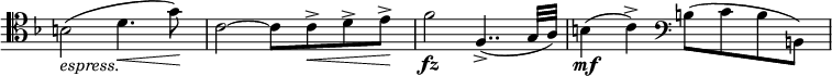 
\relative c' \new Staff \with { \remove "Time_signature_engraver" } {
 \key f \major \time 4/4 \set Score.tempoHideNote = ##t \tempo "" 4=68 \clef tenor
 \override Score.NonMusicalPaperColumn #'line-break-permission = ##f
 b2_\markup \italic espress. ( d4.\< g8\! ) c,2~ c8 c-> \< d-> e-> \!
 f2\fz f,4..-> ( g32 a) b4\mf ( c-> ) \clef bass b8( c b b,)
}
