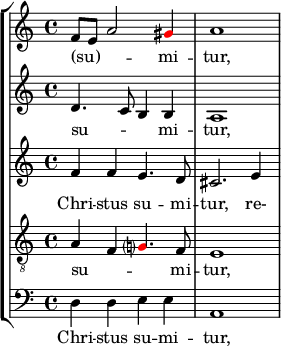 
    { 
      %\override Score.SpacingSpanner.strict-note-spacing = ##t
      %\set Score.proportionalNotationDuration = #(ly:make-moment 1/16)
    << \new StaffGroup <<
        \new Staff <<
            \set Score.tempoHideNote = ##t \tempo 4 = 72
            \set Staff.midiInstrument = #"voice oohs"
            \clef treble \time 4/4
            \relative c' {
                \clef treble \time 4/4
                f8 e a2 \once \override NoteHead.color = #red gis4 a1
                }
            \addlyrics { (su) -- _ _ mi -- tur, }
            >>
        \new Staff <<
            \set Staff.midiInstrument = #"voice oohs"
            \clef treble \time 4/4
            \new Voice \relative c' {
                d4. c8 b4 b a1
                }
            \addlyrics { su -- _ _ mi -- tur, }
            >>
        \new Staff <<
            \set Staff.midiInstrument = #"voice oohs"
            \clef treble \time 4/4
            \new Voice \relative c' {
                f4 f e4. d8 cis2. e4
                }
            \addlyrics { Chri -- stus su -- mi -- tur, re- }
            >>
        \new Staff <<
            \set Staff.midiInstrument = #"voice oohs"
            \clef "treble_8" \time 4/4
            \new Voice \relative c' {
                a4 f \once \override NoteHead.color = #red g?4. f8 e1
                }
            \addlyrics { su -- _ _ mi -- tur, }
            >>
        \new Staff <<
            \clef bass \time 4/4
            \new Voice \relative c {
                d4 d e e a,1
                }
            \addlyrics { Chri -- stus su -- mi -- tur, }
            >>
    >>
>> }
