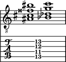  
<<
  %\override Score.BarLine.break-visibility = ##(#f #t #t)
  \time 2/1
    \new Staff  {
    \clef "treble_8"
        \once \override Staff.TimeSignature #'stencil = ##f
        < ais cis' fisis' bis' >1 | < bes des' g' c'' >1 |
    }

     \new TabStaff {
       \override Stem #'transparent = ##t
       \override Beam #'transparent = ##t 
      s2 < ais\5 cis'\4 g'\3 c''\2 >1 s2
  }
>>
