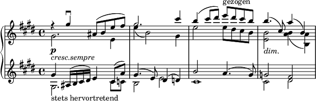 
{ \new PianoStaff <<
  \new Staff <<
    \set Staff.midiInstrument = #"string ensemble 1" \set Score.tempoHideNote = ##t \new Voice \tempo 4 = 45 \relative gis'' {
  \clef "treble" \key e \major \stemUp \time 4/4 | % 1
  r4 gis4 \downbow ais,8 ^( b8 e8
  fis8 ) | % 2
  gis2. cis4 | % 3
  b4 ^( cis8 dis8 ) e8 ^"gezogen" dis8 cis8 b8 | % 4
  b4. _\markup{ \italic {dim.} } ^( cis,8 ) a'4 ^( b,4 ) }
  \new Voice \relative gis' {
  \key e \major \stemDown \time 4/4 | % 1
  gis2. \p  _\markup{ \italic {cresc.sempre} } e4 | % 2
  e'4 _( b2 ) gis4 | % 3
  e'2 e8 dis8 cis8 b8 | % 4
  <e, b'>2 <a b>4 _( <b, a'>4) } >>
  \new Staff <<
  \set Staff.midiInstrument = #"string ensemble 1" \new Voice \relative gis {
  \clef "treble" \key e \major \stemDown \time 4/4 gis2. _"stets hervortretend"
  cis8 c8 | % 2
  b2 e2 | % 3
  cis1 | % 4
  cis2 dis2 }
  \new Voice \relative gis' {
  \key e \major \stemUp \time 4/4 gis4
  ais,16 ^( b16 cis16 dis16 ) e4 cis8 ^( a'8 ) | % 2
  gis4. ^( e8 ) dis4 ^( d4 ) | % 3
  b'2 a4. ^( gis8 ) | % 4
  g2 fis2 } >>
>> }
