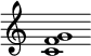 {
  % Rivin lopun pystyviiva ja tahtiosoitus piiloon.
  \override Score.BarLine.break-visibility = ##(#f #t #t)
  \override Staff.TimeSignature #'stencil = ##f
  
  <c' f' g'>1
}
