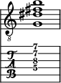  
<<
  %\override Score.BarLine.break-visibility = ##(#f #t #t)
  \time 1/1
    \new Staff  {
    \clef "treble_8"
        \once \override Staff.TimeSignature #'stencil = ##f
        <  g dis' fis' b'>1
    }

     \new TabStaff {
       \override Stem #'transparent = ##t
       \override Beam #'transparent = ##t 
      <  g\4 dis'\3 fis'\2 b'\1>1
  }
>>
