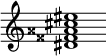 {
  % Rivin lopun pystyviiva ja tahtiosoitus piiloon.
  \override Score.BarLine.break-visibility = ##(#f #t #t)
  \override Staff.TimeSignature #'stencil = ##f
  
  <dis' fisis' aisis' cis'' eis''>1
}
