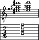  
<<
  %\override Score.BarLine.break-visibility = ##(#f #t #t)
  \time 2/1
    \new Staff  {
    \clef "treble_8"
        \once \override Staff.TimeSignature #'stencil = ##f
        <  dis' fisis' ais' eis''>1 | <  ees' g' bes' f''>1 |
    }

     \new TabStaff {
       \override Stem #'transparent = ##t
       \override Beam #'transparent = ##t 
      s2 <  dis'\4 g'\3 ais'\2 f''\1>1 s2
  }
>>
