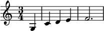  { 
  \time 3/4 
  \partial 4 g 
  c' d' e' f'2. 
} 