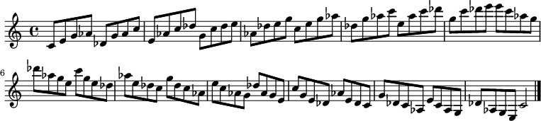 
{

\modalTranspose c c' { c des e g aes } { c8 e g aes } 
\modalTranspose c des' { c des e g aes } { c e g aes } 
\modalTranspose c e' { c des e g aes } { c e g aes } 
\modalTranspose c g' { c des e g aes } { c e g aes } 
\modalTranspose c aes' { c des e g aes } { c e g aes } 
\modalTranspose c c'' { c des e g aes } { c e g aes } 
\modalTranspose c des'' { c des e g aes } { c e g aes } 
\modalTranspose c e'' { c des e g aes } { c e g aes } 
\modalTranspose c g'' { c des e g aes } { c e g aes } 

\modalInversion c e''' { c des e g aes } { c e g aes } 
\modalInversion c des''' { c des e g aes } { c e g aes } 
\modalInversion c c''' { c des e g aes } { c e g aes } 
\modalInversion c aes'' { c des e g aes } { c e g aes } 
\modalInversion c g'' { c des e g aes } { c e g aes } 
\modalInversion c e'' { c des e g aes } { c e g aes } 
\modalInversion c des'' { c des e g aes } { c e g aes } 
\modalInversion c c'' { c des e g aes } { c e g aes } 
\modalInversion c aes' { c des e g aes } { c e g aes } 
\modalInversion c g' { c des e g aes } { c e g aes } 
\modalInversion c e' { c des e g aes } { c e g aes } 
\modalInversion c des' { c des e g aes } { c e g aes } 

c'2

\bar "|."
}
