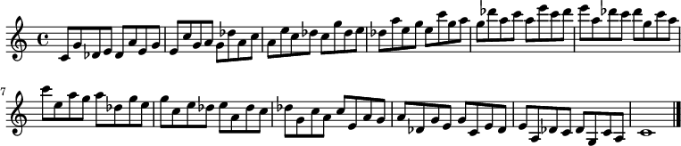 
{

\modalTranspose c c' { c des e g a } { c8 g des e } 
\modalTranspose c des' { c des e g a } { c g des e } 
\modalTranspose c e' { c des e g a } { c g des e } 
\modalTranspose c g' { c des e g a } { c g des e } 
\modalTranspose c a' { c des e g a } { c g des e } 
\modalTranspose c c'' { c des e g a } { c g des e } 
\modalTranspose c des'' { c des e g a } { c g des e } 
\modalTranspose c e'' { c des e g a } { c g des e } 
\modalTranspose c g'' { c des e g a } { c g des e } 
\modalTranspose c a'' { c des e g a } { c g des e } 

\modalInversion c e''' { c des e g a } { c g des e } 
\modalInversion c des''' { c des e g a } { c g des e } 
\modalInversion c c''' { c des e g a } { c g des e } 
\modalInversion c a'' { c des e g a } { c g des e } 
\modalInversion c g'' { c des e g a } { c g des e } 
\modalInversion c e'' { c des e g a } { c g des e } 
\modalInversion c des'' { c des e g a } { c g des e } 
\modalInversion c c'' { c des e g a } { c g des e } 
\modalInversion c a' { c des e g a } { c g des e } 
\modalInversion c g' { c des e g a } { c g des e } 
\modalInversion c e' { c des e g a } { c g des e } 
\modalInversion c des' { c des e g a } { c g des e } 

c'1

\bar "|."
}
