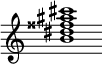 {
  % Rivin lopun pystyviiva ja tahtiosoitus piiloon.
  \override Score.BarLine.break-visibility = ##(#f #t #t)
  \override Staff.TimeSignature #'stencil = ##f
  
  <b' dis'' fisis'' ais'' cis'''>1
}
