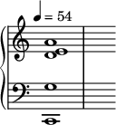 
{
  \cadenzaOn %% tahtiviivojen piilotus
  \new PianoStaff <<

    \new Staff = "treble" {
      \tempo 4=54 \clef "treble" 
      \key a \minor

      \override Staff.TimeSignature #'stencil = ##f % Tahtiosoituksen piilotus
  
      \relative c' {
        <d e a>1 \bar "|"
        s4 s s s s s s
        s4 s s s s s s
      }
    }
  
    \new Staff = "bass" {
      \clef "bass"
      \key a \minor

      \override Staff.TimeSignature #'stencil = ##f % Tahtiosoituksen piilotus

      \relative c {
        <c, g''>1 \bar "|"
        s4 s s s s s s
        s4 s s s s s s
      }
    }
   >>
}
