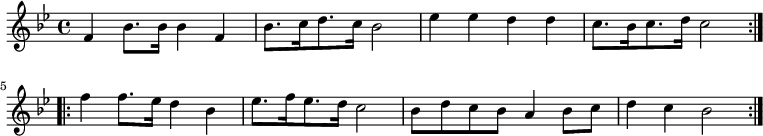 { \relative f' { \key bes \major \time 4/4
\repeat volta 2 { f4 bes8. bes16 bes4 f | bes8.[ c16 d8. c16] bes2 |
 ees4 ees d d | c8.[ bes16 c8. d16] c2 }
\repeat volta 2 { f4 f8. ees16 d4 bes | ees8.[ f16 ees8. d16] c2 |
 bes8 d c bes a4 bes8 c | d4 c bes2 } } }