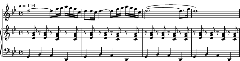 
\new Score {
<<
  \new Staff {
    \relative c''' {
      \clef "treble^8"
      \key g \minor
      \time 4/4
      \tempo 4=116
      \set Staff.midiInstrument = #"piccolo"
      d2~ d8 f16 g16 a16 g16 f16 c16 d8 d16 c16 d4~ d8 f16 g16 a16 g16 f16 c16 d2.(~ d8. f16 d1)
    }
  }
  \new PianoStaff <<
    \new Staff { \clef violin \key g \minor \time 4/4 
      r8 <d' g' bes'>8 r8 <d' g' bes'>8 r8 <c' f' a'>8 r8 <c' f' a'>8 r8 <d' g' bes'>8 r8 <d' g' bes'>8 r8 <c' f' a'>8 r8 <c' f' a'>8r8 <d' g' bes'>8 r8 <d' g' bes'>8 r8 <c' f' a'>8 r8 <c' f' a'>8 r8 <d' g' bes'>8 r8 <d' g' bes'>8       r8 <c' f' a'>8 r8 <c' f' a'>8}
    \new Staff { \clef bass   \key g \minor \time 4/4 
      g,4 bes,4 a,4 d,4 g,4 bes,4 a,4 d,4 g,4 bes,4 a,4 d,4 g,4 bes,4 a,4 d,4 } 
  >> 
>>
}
