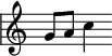 {
\override Staff.TimeSignature #'stencil = ##f
\override Score.SystemStartBar #'collapse-height = #1
\clef treble \time 4/4 g'8 a'8 c''4
}