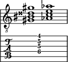  
<<
  %\override Score.BarLine.break-visibility = ##(#f #t #t)
  \time 2/1
    \new Staff  {
    \clef "treble_8"
        \once \override Staff.TimeSignature #'stencil = ##f
        <  gis bis disis' gis'>1 | <  aes c' e' aes'>1 |
    }

     \new TabStaff {
       \override Stem #'transparent = ##t
       \override Beam #'transparent = ##t 
      s2 <  gis\4 c'\3 e'\2 gis'\1>1 s2
  }
>>
