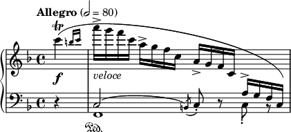 
\new PianoStaff <<
\new Staff = "Up" <<
\new Voice \relative c' {
\clef treble
\override Score.MetronomeMark.Y-offset=#9
\tempo "Allegro" 2=80
\time 4/4
\key f \major
\partial 4
\afterGrace c''4 \f \trill ({b16 c} a'-> _\markup{\italic veloce} g f c a-> g f c a-> g f c \change Staff = "Down" \stemUp a^> g f c)
}
>>
\new Staff = "Down" <<
\new Voice \relative c{
\clef bass
\key f \major
r4 c2^(\acciaccatura b8) c-. d \rest \stemDown c_. b \rest
}
\new Voice \relative c{
s4 f,1 \sustainOn
}
>>
>>
