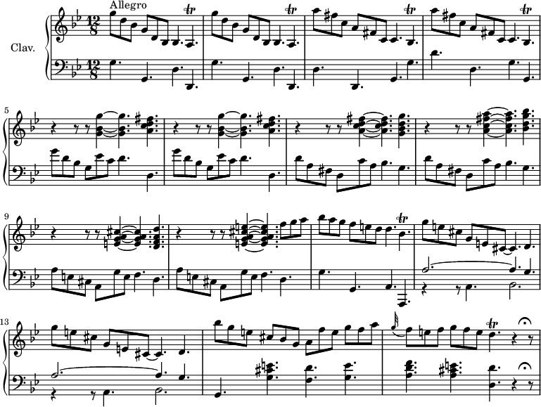 
\version "2.18.2"
\header {
  tagline = ##f
  % composer = "Domenico Scarlatti"
  % opus = "K. 111"
  % meter = "Allegro"
}

%% les petites notes
trillAp       = { \tag #'print { a4.\trill } \tag #'midi { bes32 a bes a~ a4 } }
trillBesp     = { \tag #'print { bes4.\trill } \tag #'midi { c32 bes c bes~ bes4 } }
trillCisp     = { \tag #'print { bes4.\trill } \tag #'midi { d32 cis d cis~ cis4 } }
trillDp       = { \tag #'print { d4.\trill } \tag #'midi { e32 d e d~ d4 } }

upper = \relative c'' {
  \clef treble 
  \key g \minor
  \time 12/8
  \tempo 4. = 112
  \set Staff.midiInstrument = #"harpsichord"
  \override TupletBracket.bracket-visibility = ##f

      s8*0^\markup{Allegro}
      \repeat unfold 2 { g'8 d bes g d bes bes4. \trillAp } | \repeat unfold 2 { a''8 fis c a fis c c4. \trillBesp }
      % ms. 5
      \repeat unfold 2 { r4 r8 r8 < g' bes g' >4~ q4. < a c d fis >4. }
      % ms. 7
      r4 r8 r8 < a c d fis >4~ q4. < g bes d g >4. | r4 r8 r8 < a c fis a >4~ q4. < bes d g bes >4. | r4 r8 r8 < e, g a cis >4~ q4. < d f a d >4. | 
      % ms. 10
      r4 r8 r8 < e g a cis e >4~ q4. f'8 g a | bes a g f e d d4. \trillCisp | \repeat unfold 2 { g'8 e cis g e cis~ cis4.  d4. } | 
      % ms. 14
      bes''8 g e cis bes g a f' e g f a | \appoggiatura g32 f8 e f g f e \trillDp r4 r8^\markup { \translate #'(-0.6 . 0.7) % déplcement d'un point d'orgue
\musicglyph #"scripts.ufermata" }

}

lower = \relative c' {
  \clef bass
  \key g \minor
  \time 12/8
  \set Staff.midiInstrument = #"harpsichord"
  \override TupletBracket.bracket-visibility = ##f

    % ************************************** \appoggiatura a16  \repeat unfold 2 {  } \times 2/3 { }   \omit TupletNumber 
      \repeat unfold 2 { g4. g, d' d, } | d' d, g g' |
      % ms. 4
      d'4. d, g g, | \repeat unfold 2 { g''8 d bes g ees' c d4. d, } | 
      % ms. 7
      \repeat unfold 2 { d'8 a fis d c' a bes4. g } | \repeat unfold 2 { a8 e cis a g' e f4. d } |
      % ms. 11
      g4. g, a a, | \repeat unfold 2 { << { a''2.~ a4. g } \\ { r4 r8 a,4. bes2. } >> }
      % ms. 14
      g4. < g' cis e >4. < f d' > < g e' > | < a d f > < a cis e > < d, d' > r4 r8^\markup { \translate #'(-0.6 . 0.7) % déplcement d'un point d'orgue
\musicglyph #"scripts.ufermata" }

}

thePianoStaff = \new PianoStaff <<
    \set PianoStaff.instrumentName = #"Clav."
    \new Staff = "upper" \upper
    \new Staff = "lower" \lower
  >>

\score {
  \keepWithTag #'print \thePianoStaff
  \layout {
      #(layout-set-staff-size 17)
    \context {
      \Score
     \override SpacingSpanner.common-shortest-duration = #(ly:make-moment 1/2)
      \remove "Metronome_mark_engraver"
    }
  }
}

\score {
  \keepWithTag #'midi \thePianoStaff
  \midi { }
}
