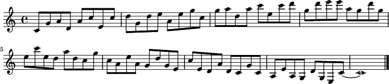 
{

\modalTranspose c c' { c d e g a } { c8 g a } 
\modalTranspose c d' { c d e g a } { c g a } 
\modalTranspose c e' { c d e g a } { c g a } 
\modalTranspose c g' { c d e g a } { c g a } 
\modalTranspose c a' { c d e g a } { c g a } 
\modalTranspose c c'' { c d e g a } { c g a } 
\modalTranspose c d'' { c d e g a } { c g a } 
\modalTranspose c e'' { c d e g a } { c g a } 
\modalTranspose c g'' { c d e g a } { c g a } 

\modalInversion c e''' { c d e g a } { c g a } 
\modalInversion c d''' { c d e g a } { c g a } 
\modalInversion c c''' { c d e g a } { c g a } 
\modalInversion c a'' { c d e g a } { c g a } 
\modalInversion c g'' { c d e g a } { c g a } 
\modalInversion c e'' { c d e g a } { c g a } 
\modalInversion c d'' { c d e g a } { c g a } 
\modalInversion c c'' { c d e g a } { c g a } 
\modalInversion c a' { c d e g a } { c g a } 
\modalInversion c g' { c d e g a } { c g a } 
\modalInversion c e' { c d e g a } { c g a } 
\modalInversion c d' { c d e g a } { c g a } 

c'~ c'1

\bar "|."
}
