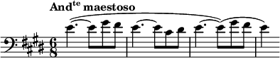 
\language "italiano"

\layout {
  indent = 0 \mm
  short-indent = 0 \mm
  line-width = 12.5 \cm
}

\relative do' {
  \key mi \major
  \clef bass
  \time 6/8
  \tempo \markup{\concat{And \super{te}} "maestoso"}
  \override Score.BarNumber.break-visibility = ##(#f #f #f)
  mi4.~( mi8 sold fad | mi4.~ mi8 dod red | mi4.~ mi8) (sold fad | mi4)
}
